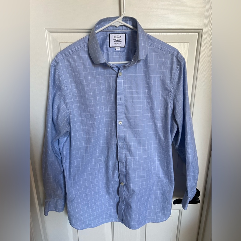 Charles Thyrwitt Shirt 
16.5 / 34 
Extra Slim Fit 
Blue checkered